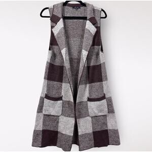 Love Tree S Brown Gray Plaid Sleeveless Knit Longline Vest Pockets Fall Office‎